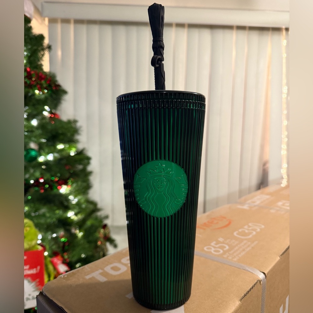 Starbucks Wicked Collaboration.Dark Green Tumbler Silicone Broom Straw Topper